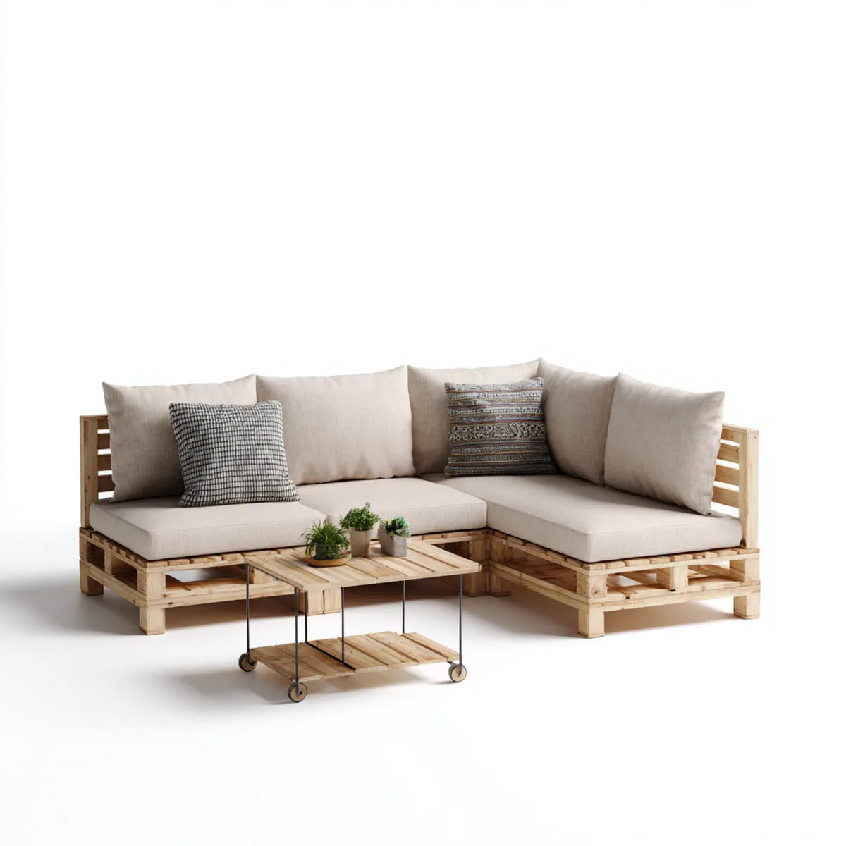 Sofa ogrodowa, Meble ogrodowe narożniki 3 elementy beżowe z sosny litej 240 x 160 cm z niskim stołem z kółkami 120 x 80 cm