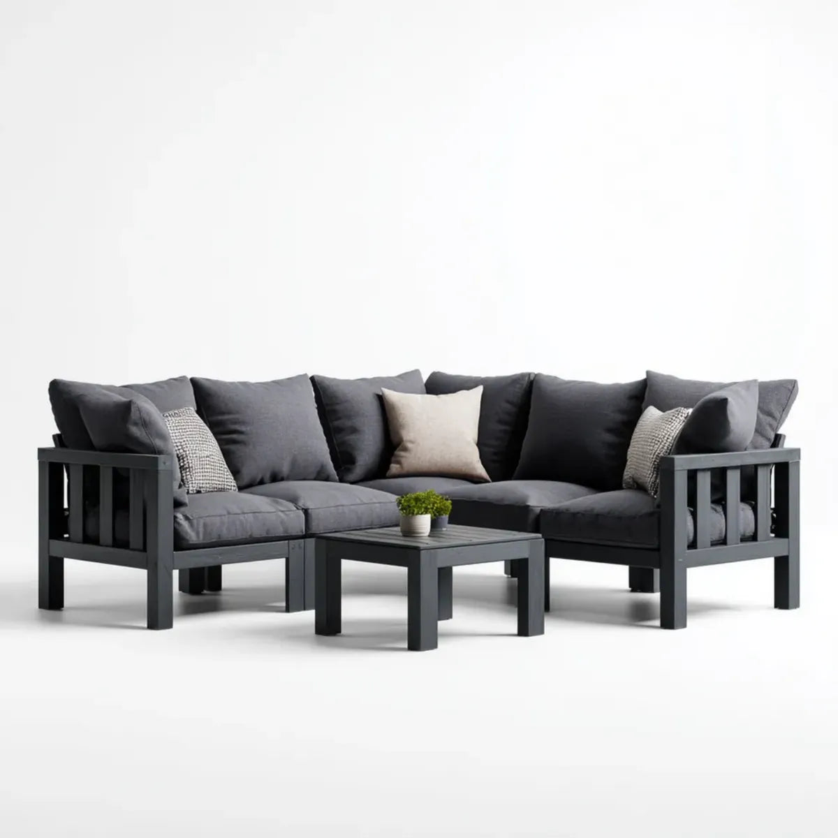 Sofa ogrodowa, Meble ogrodowe narożnikowe 4 czarne siedzenia w akacji z poliestrowymi poduszkami o kształcie 240 x 240 x 70 cm