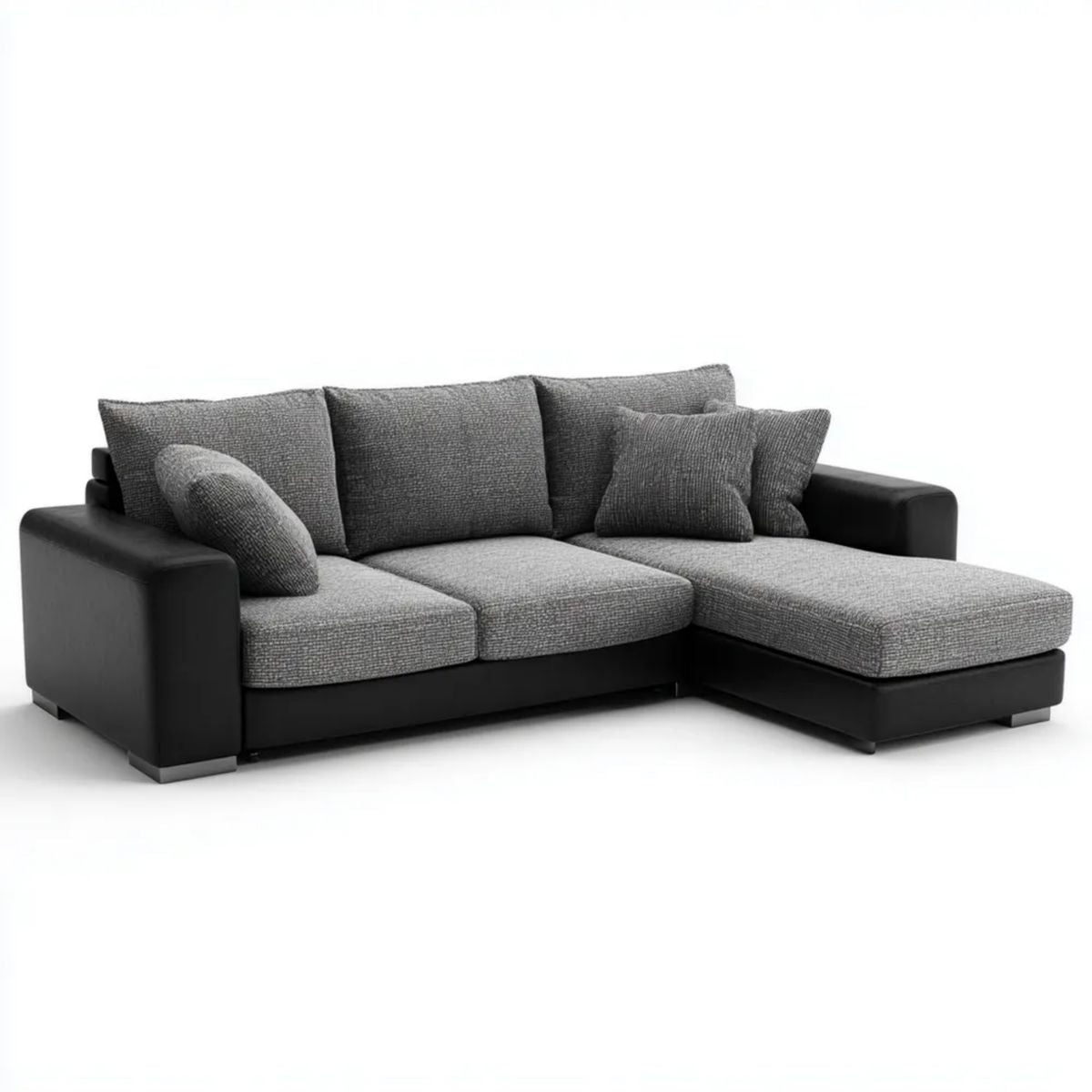 Sofa, 3-osobowa sofa z szezlongiem na prawo w szarym poliestrze i czarny PU, 250 x 160 x 85 cm