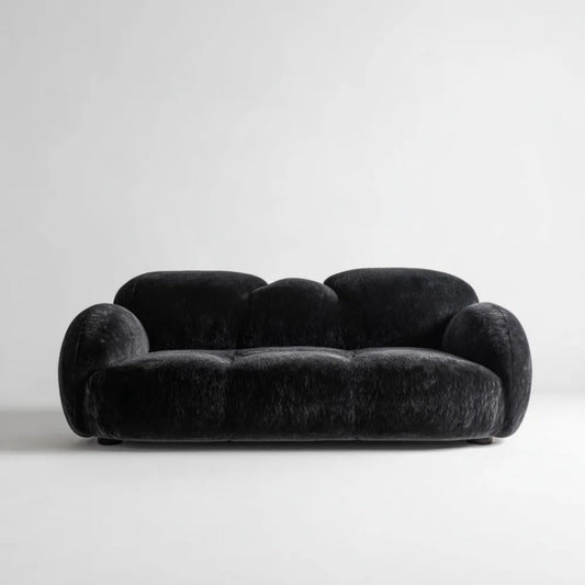 Sofa, Czarna sofa w poliestrze z krótkimi włosami, zaokrąglony kształt, 180 x 95 x 75 cm