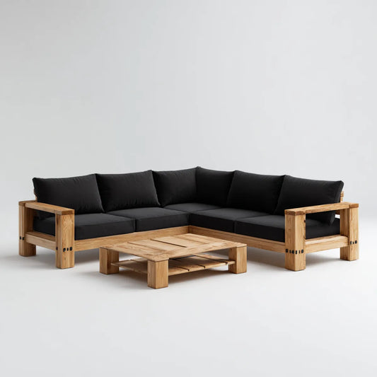 Sofa ogrodowa, Zestaw narożnik ogrodowy 4 siedzenia czarne i naturalne 230 x 230 cm w litym drewnie akacjowym