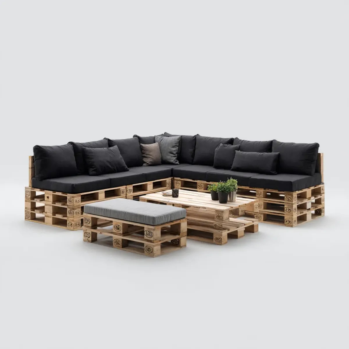 Sofa ogrodowa, Zestaw L narożna kanapa ogrodowa w czarnej palecie i naturalne drewno ze stołem i ottoman 240 x 160 x 80 cm