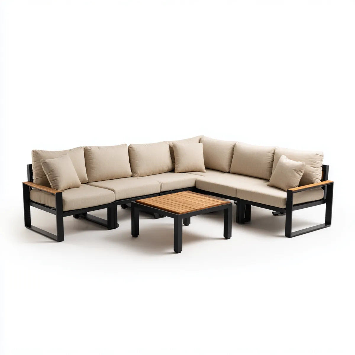 Sofa ogrodowa, Zestaw kanapa narożna ogrodowa 5 beżowe i czarne siedzenia z tabeli 250 x 250 x 65 cm w aluminium i akacji