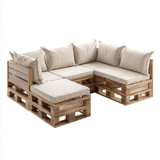 Sofa ogrodowa, Zestaw narożnik ogrodowy sofa 3 beżowe siedzenia w litym drewnie sosnowym 210 x 140 x 70 cm
