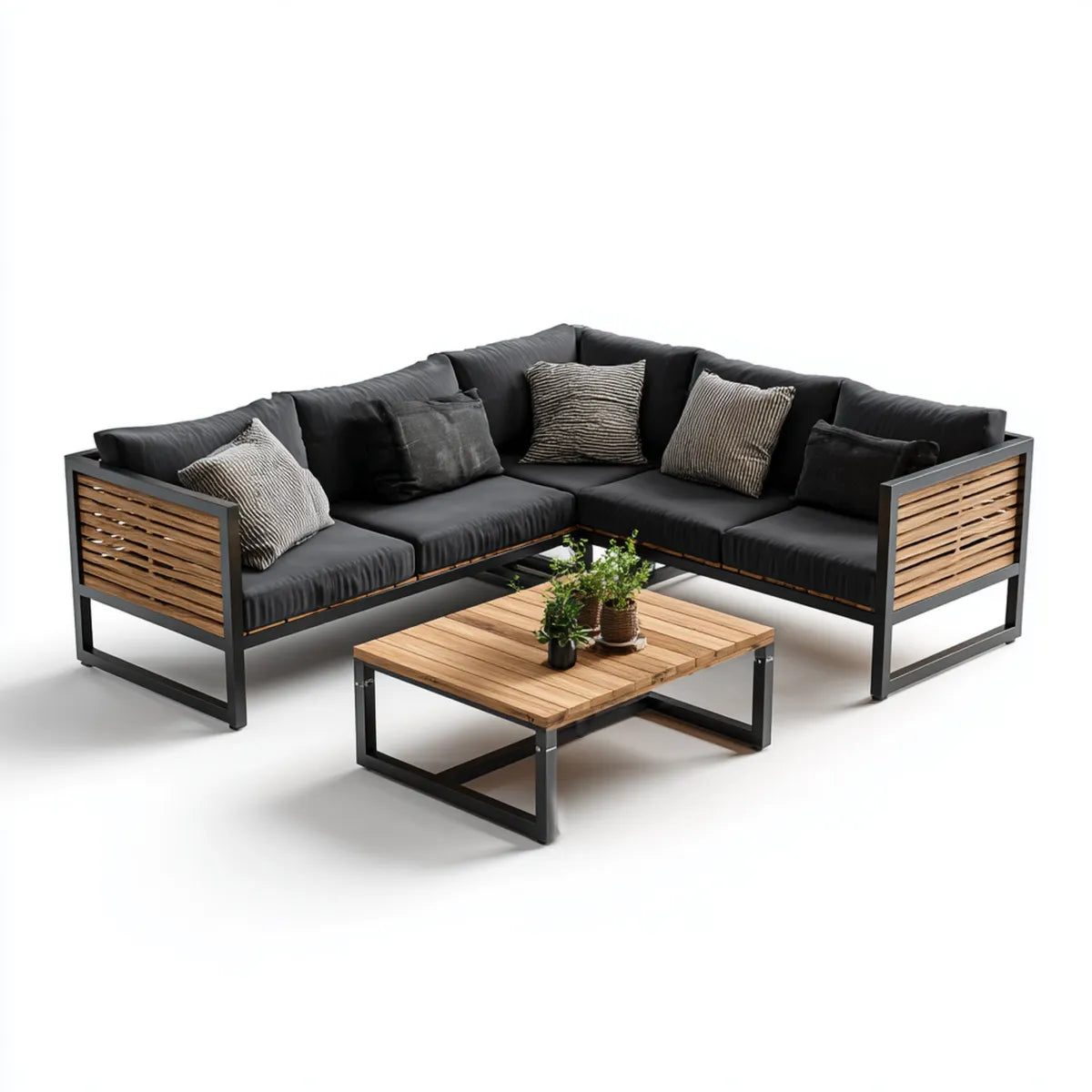 Sofa ogrodowa, Zestaw kątowej sofy ogrodowej z czarnym i naturalnym stołem bocznym 240 x 240 cm w stali pokrytej proszkiem i z litego drewna akacjowego