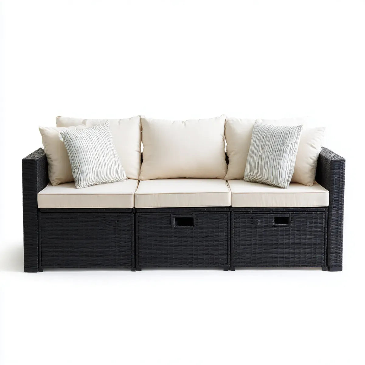 Sofa ogrodowa, 3 kremy do siedzenia czarne i PE rattan z pojemnikami 200 x 75 x 85 cm