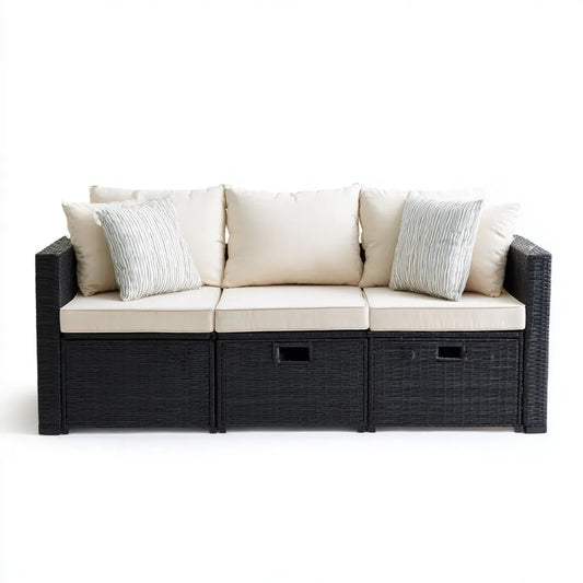Sofa ogrodowa, 3 kremy do siedzenia czarne i PE rattan z pojemnikami 200 x 75 x 85 cm