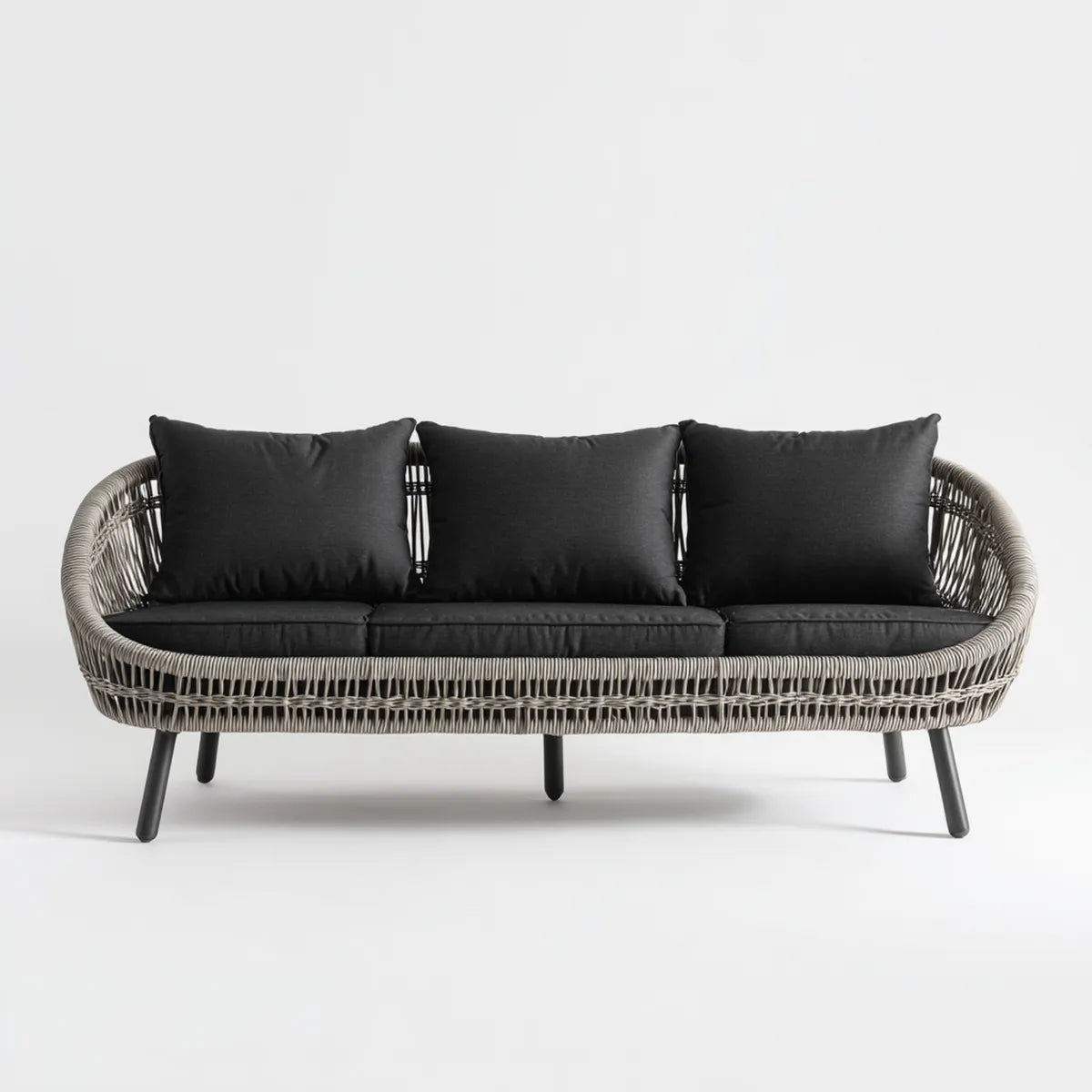 Sofa ogrodowa, 3 fotele czarne i szare 210 x 80 x 78 cm w rattanie PE i stali o zakrzywionej konstrukcji