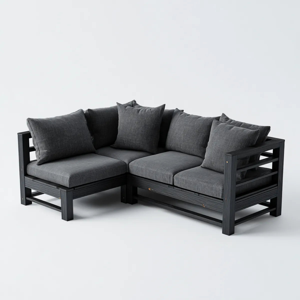 Sofa ogrodowa, Rożna sofa ogrodowa 3 czarne i ciemnoszare siedzenia w litym drewnie akacyjnym 200 x 200 x 70 cm