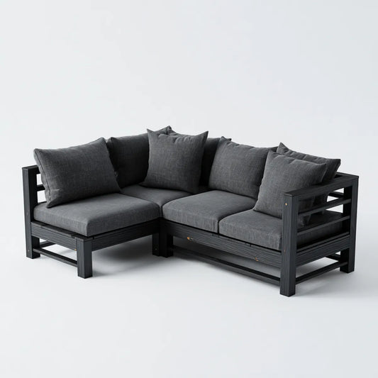 Sofa ogrodowa, Rożna sofa ogrodowa 3 czarne i ciemnoszare siedzenia w litym drewnie akacyjnym 200 x 200 x 70 cm