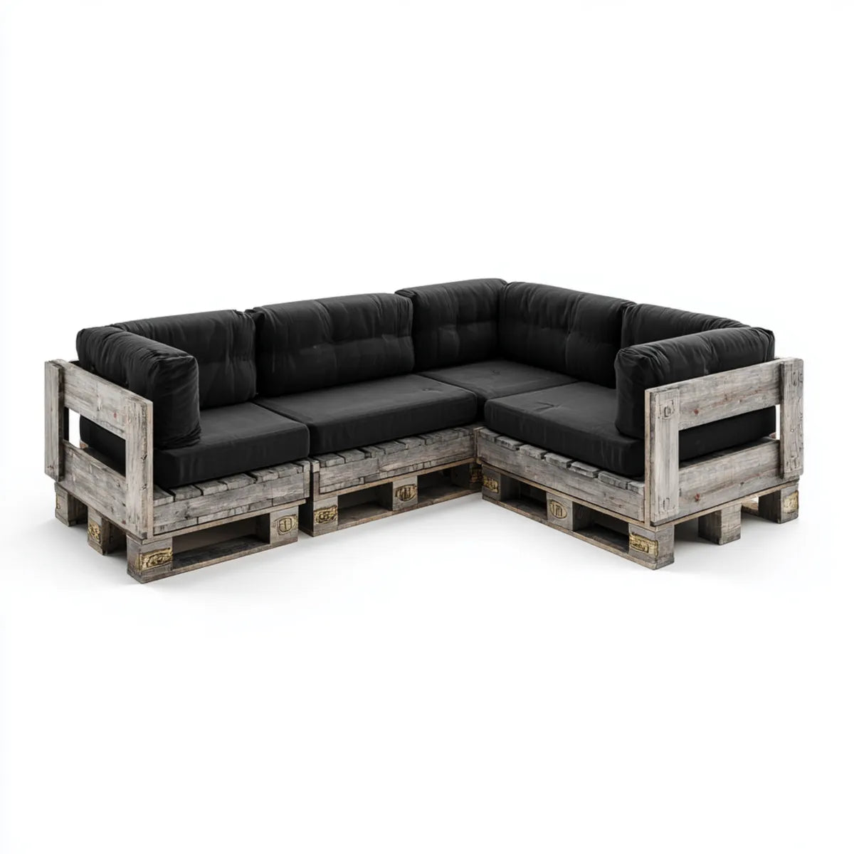 Sofa ogrodowa, Szara drewniany narożnik kanapa ogrodowa z czarnych poduszki 240 x 180 cm, 240 x 180 x 80 cm