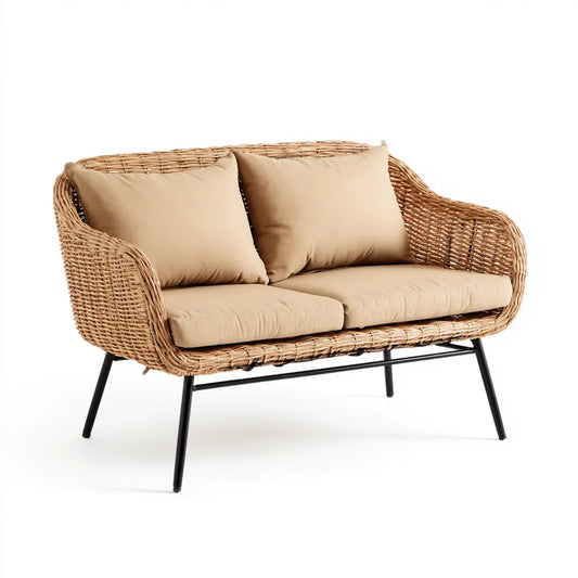Sofa ogrodowa, Tapczan ogrodowy 2 miejsca beżowe w rattanie i stali w kształcie 120 x 70 x 80 cm