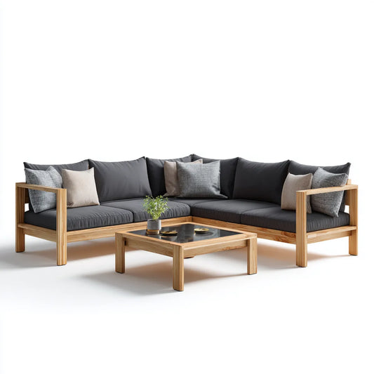 Sofa ogrodowa, Zestaw kątowej sofy ogrodowej z szarym stołem antracytu w litym drewnie z akacją przy 250 x 190 x 70 cm
