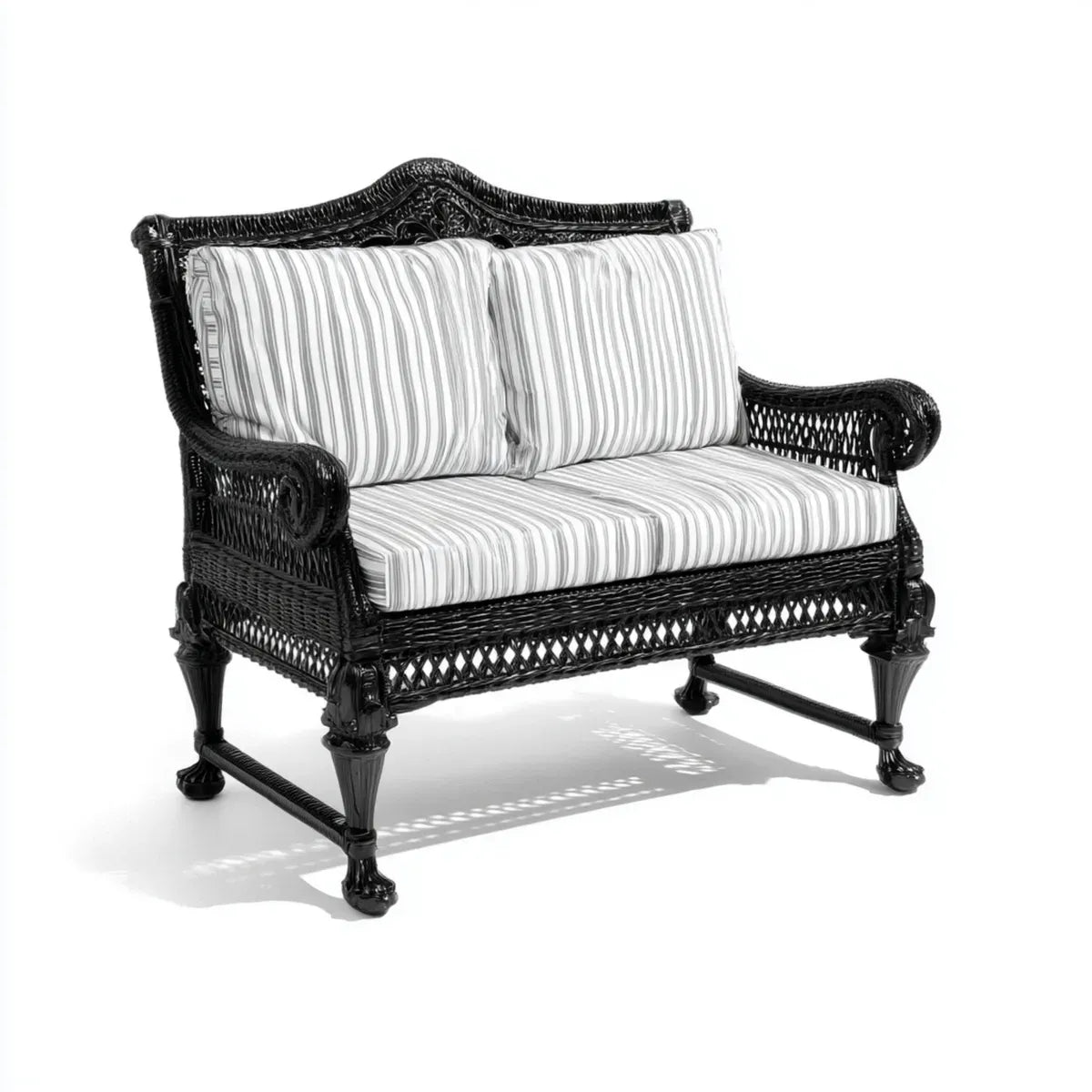 Sofa ogrodowa, 2-osobowa czarna sofa w rattanie PE z paskami poduszki 135 x 75 x 100 cm