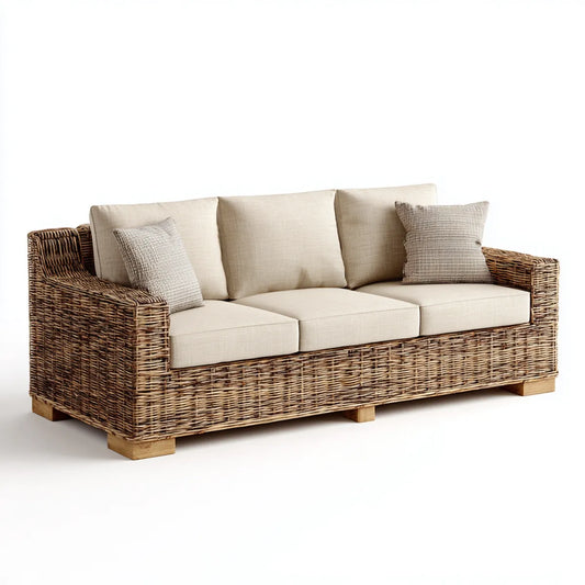 Sofa ogrodowa, Ogrodowa sofa 3 brązowe i beżowe miejsca w naturalnym rattan 210 x 85 cm prostokątna, 210 x 85 x 85 cm