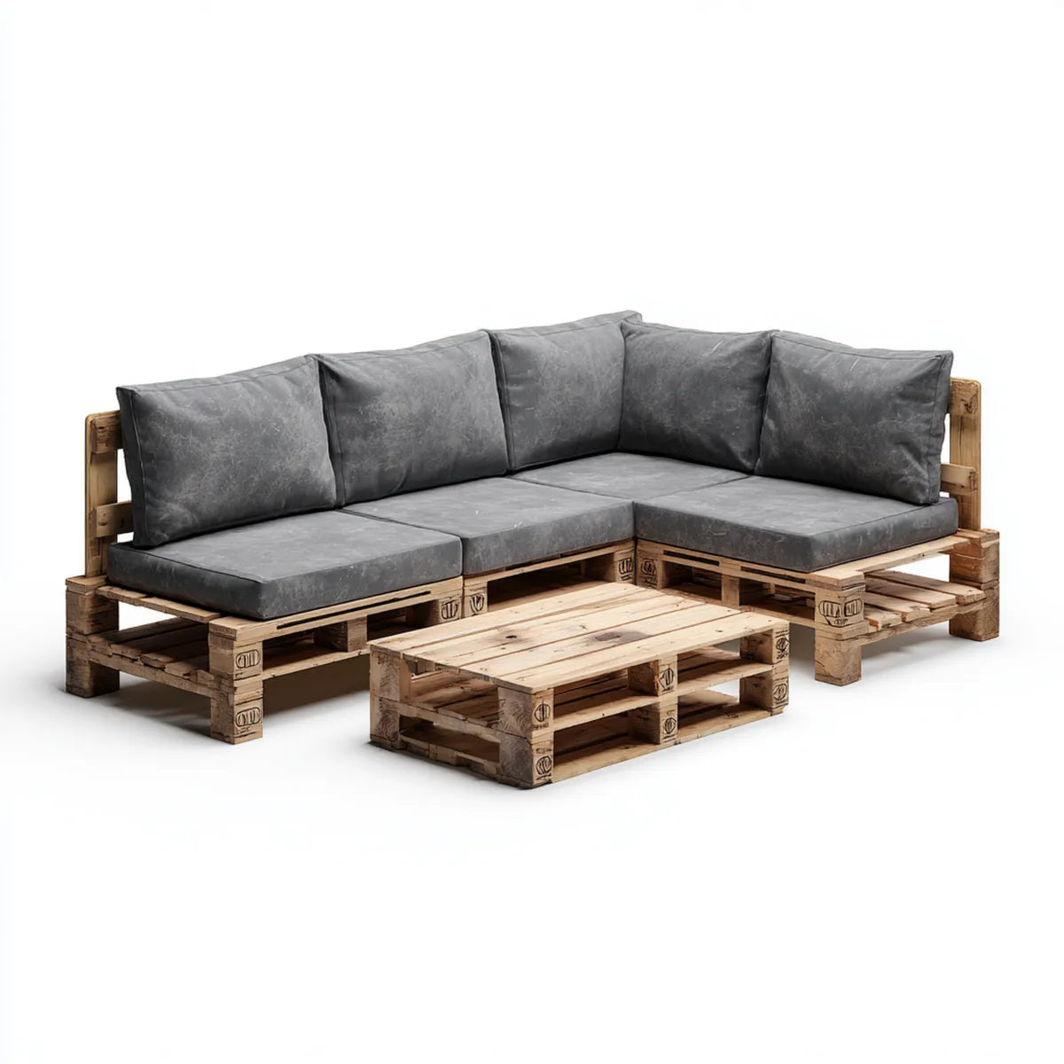 Sofa ogrodowa, Zestaw narożnej sofy ogrodowej z drewnianym stołem z szarej sosny 240 x 160 cm