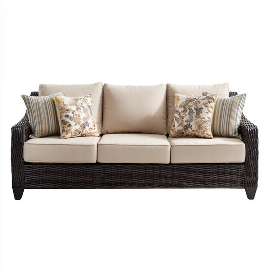 Sofa ogrodowa, 3 brązowa i beżowa sofa zewnętrzna w rattanie PE z poduszkami 210 x 85 cm prostokątna, 210 x 85 x 85 cm