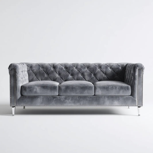 Sofa, 3-osobowy Chesterfield Sofa szary 225 x 90 x 75 cm poliestrowy aksamit