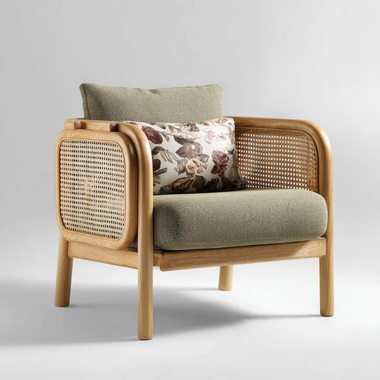 Fotel, Kwadrat fotel beżowy i drewno naturalne 75 x 78 x 82 cm w hevea litej kannage rattan i poliester