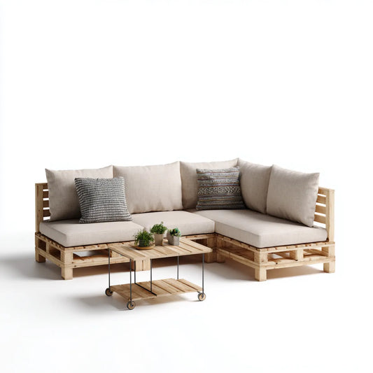Sofa ogrodowa, Meble ogrodowe narożniki 3 elementy beżowe z sosny litej 240 x 160 cm z niskim stołem z kółkami 120 x 80 cm