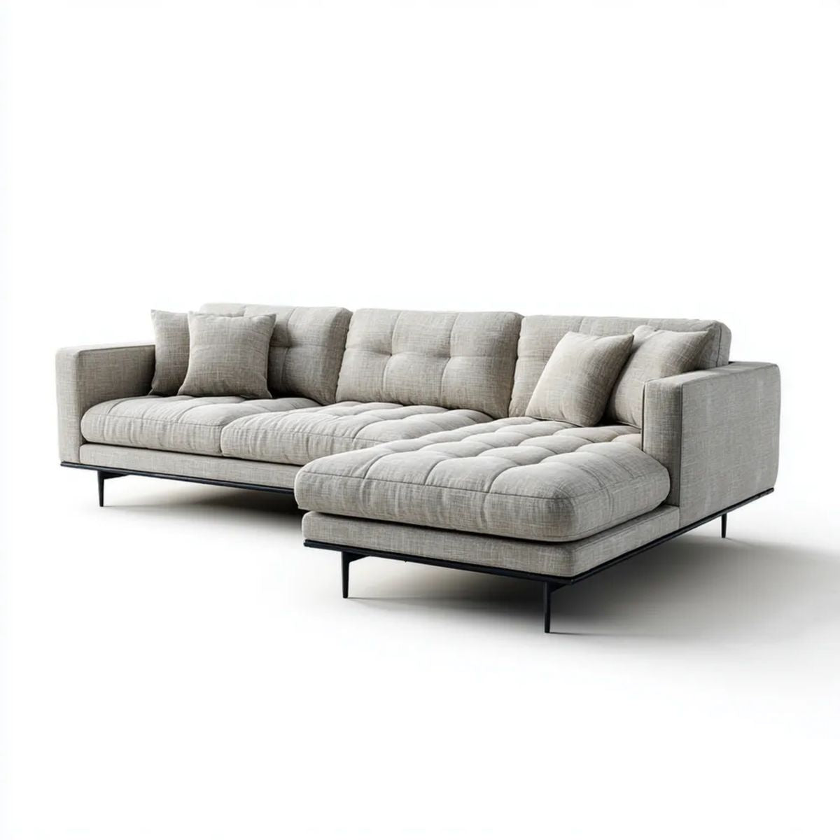 Sofa, 4 kwadratowe przezroczyste szare poliestrowe sofa z czarnym metalowym nóżkami, 290 x 170 x 85 cm