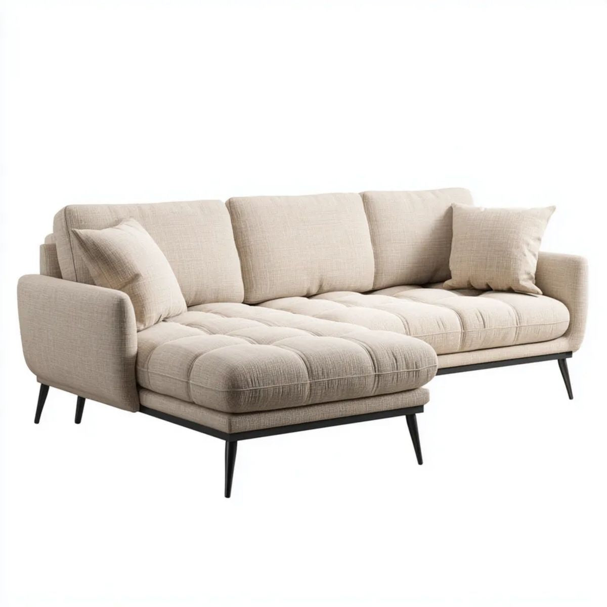 Sofa, 3-osobowa poliestrowy beżowy sofa z czarnym metalowym nóżkami, 245 x 160 x 85 cm