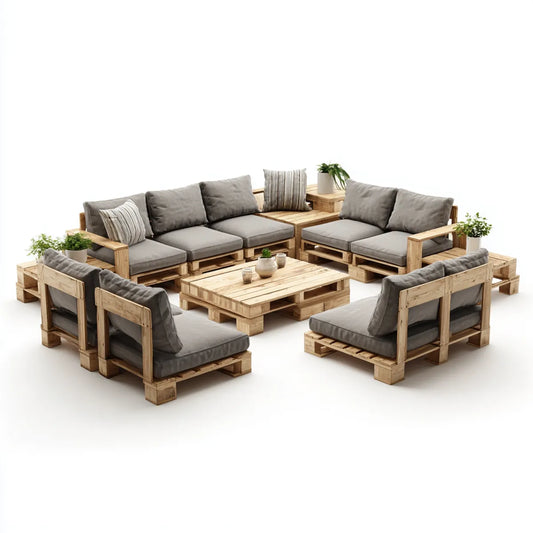 Sofa ogrodowa, Zestaw do siedzenia w ogrodzie w paletach 7 miejsc szary z drewnianą ramą i prostokątnym stołem 120 x 80 cm