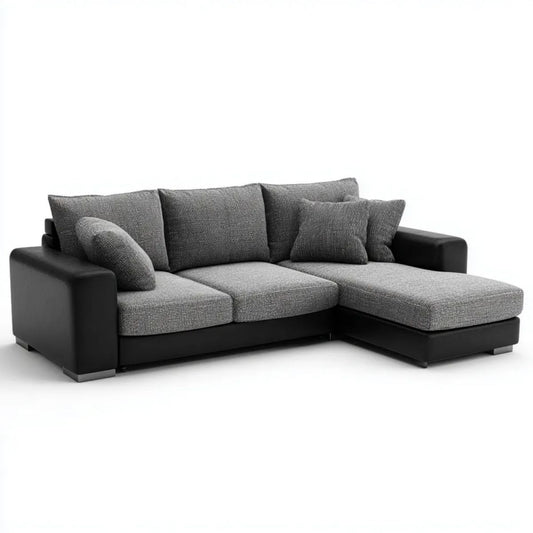 Sofa, 3-osobowa sofa z szezlongiem na prawo w szarym poliestrze i czarny PU, 250 x 160 x 85 cm